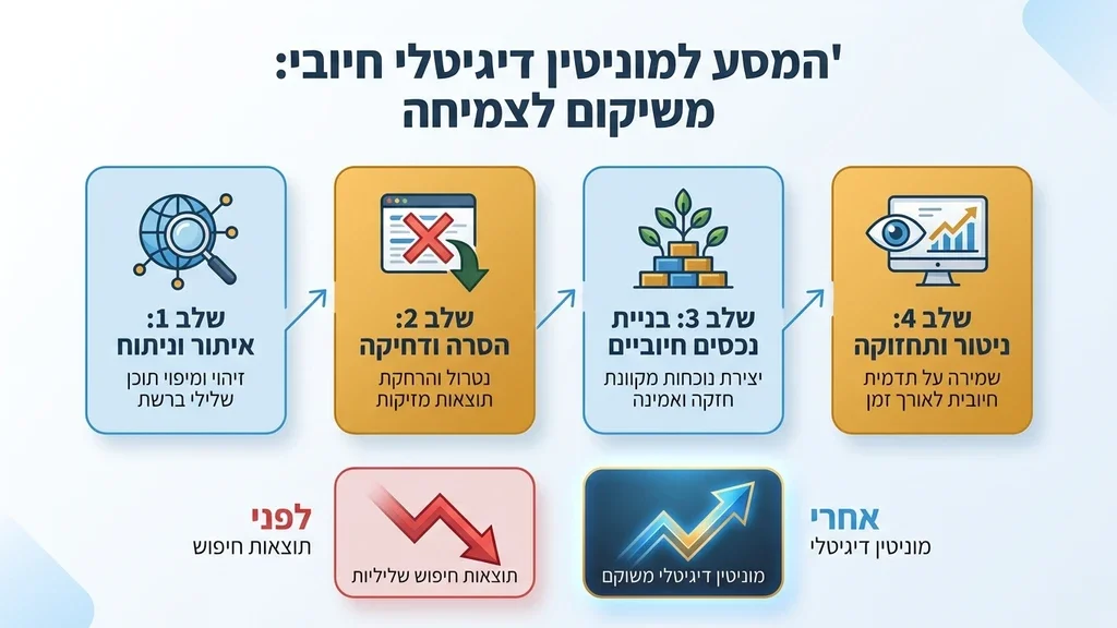 סכמה המציגה את שלבי העבודה לשיקום הנראות הדיגיטלית