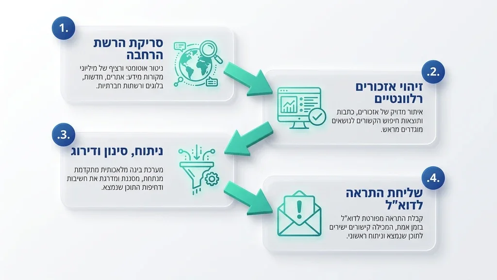 אחרי הפסקה המסבירה על מהי המערכת וכיצד היא שולחת התראות לדואר האלקטרוני ממשק המערכת של גוגל אלרטס על מסך מחשב